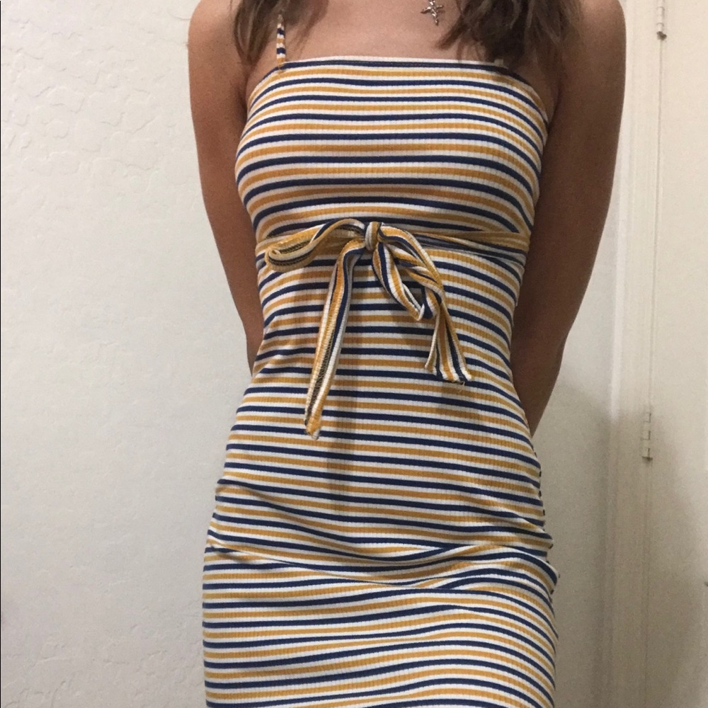 blue and yellow front tie dress